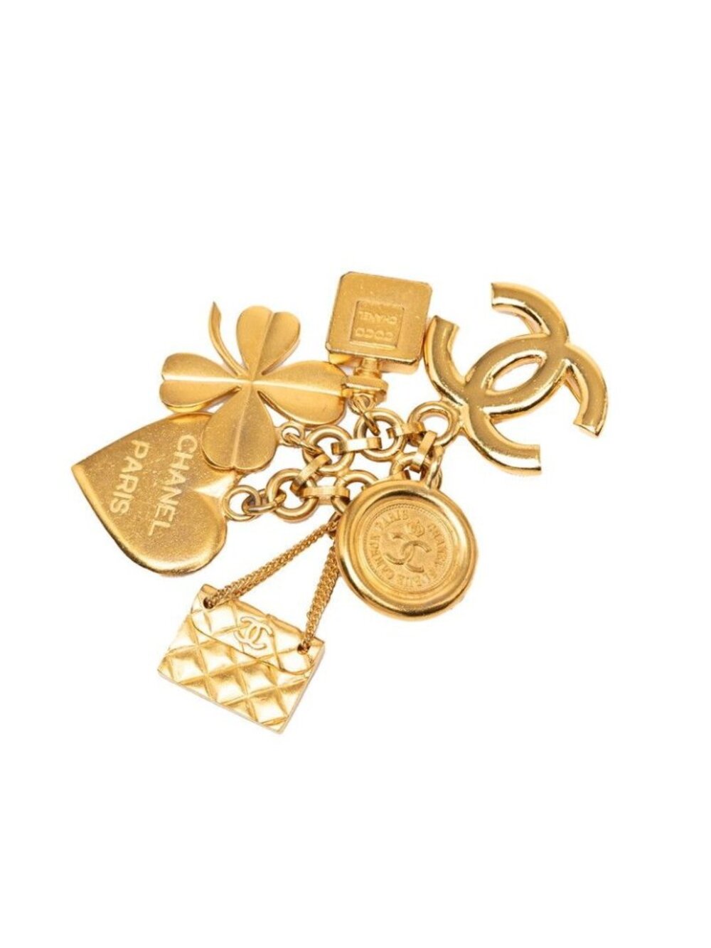 Chanel CC Logo Heart Clover Quilted Perfume Bottle Motif Vintage Brooch 95 Gold